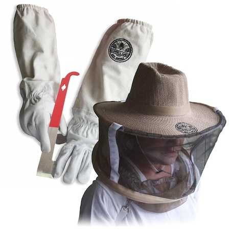 Good Land Bee Supply Gloves w/Canvas Sleeves & Beekeeping Hat Includes Round Veil - XL & J-Hook Beehive Scraper Tool GL-GLV-JHK-VL-XL